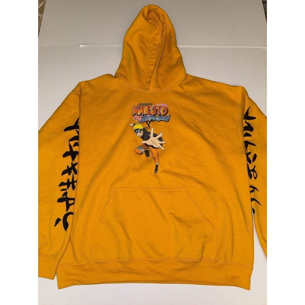 Naruto Shippuden Hoodie Mens L Yellow Pullover Fleece Anime Graphic Tagless